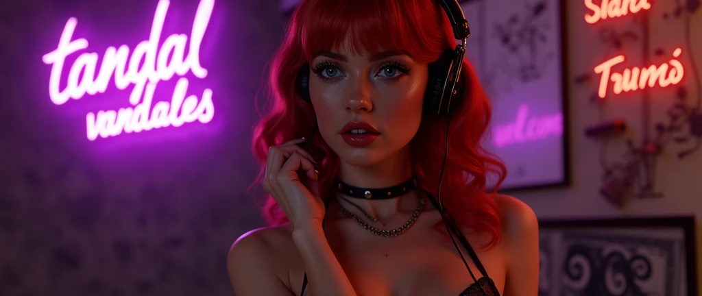 sexy woman, red head, sensual face, sexy clothes and black necklace on her neck, listening to music, with backlights and a purple sign that says the text in Spanish "TANG0S VANDAL0S"