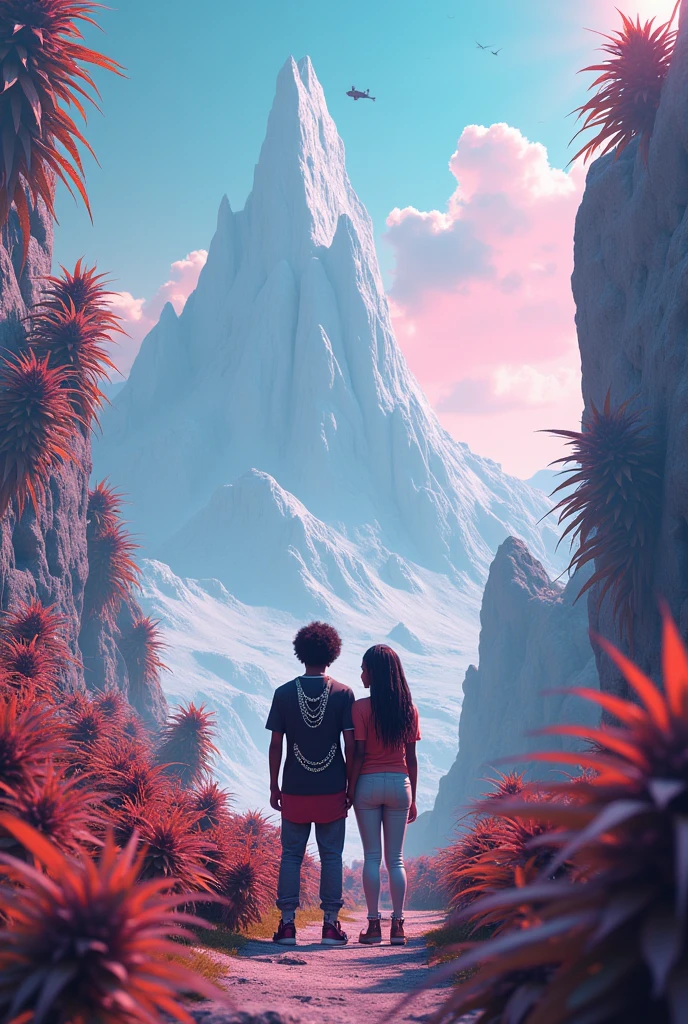 Design a 3d artwork for the book driptape.
As the light fades, the crew finds themselves in a new world—a world of lush landscapes, towering mountains, and skies filled with strange, shimmering lights. The air is different here—thicker, charged with energy that seems to vibrate through their very souls. The UAP descends, landing gently on a vast, open cannabis and exotic plants plain surrounded by towering ice peaks.
Welcome to the other side. The world beyond the ice wall. Everybody steps out of the UAP, their feet touching the ground of this new world for the first time. They look around, taking in the breathtaking beauty and the strange, alien landscape that stretches out before them. They know that they're not just in a different place—they're in a different reality, one where the rules of their old world no longer apply.
The predominantly african american crew stare at this new reality beyond the ice wall. Cannabis plants grow as tall as the sky, the colors seem beyond the light spectrum and it feels like energy flows through them. Cashmere lights up a blunt and hugs Mishawa as they look with amazement, their necklaces sparkling in the aura. This is the conclusion of one amazing adventure and the beginning of another. Dressed in their freshest east oakland dope boy attire the crew watches the universe open up in the sky.