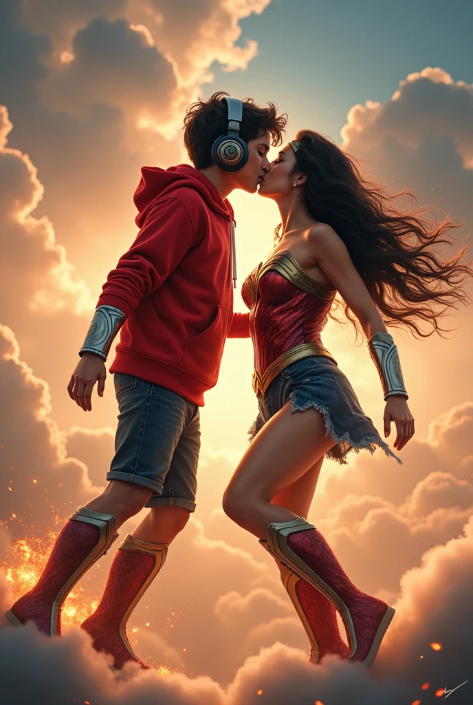 Young kid with red hoodie, headphones, rocket boots, & Wonder woman (Big tits & perfect body), Busty, fighting, power, fiction, full body, 2 persons, magic fire lasso, hight, fall, fire in boots, poweful spells, realistic, gun, flying in the sky, love, passion, kissing, Romance, kiss on the mouth, tongue kiss, kiss on the breasts, city, happy, blue sky, She Sitting on her legs, looking at camera, sx