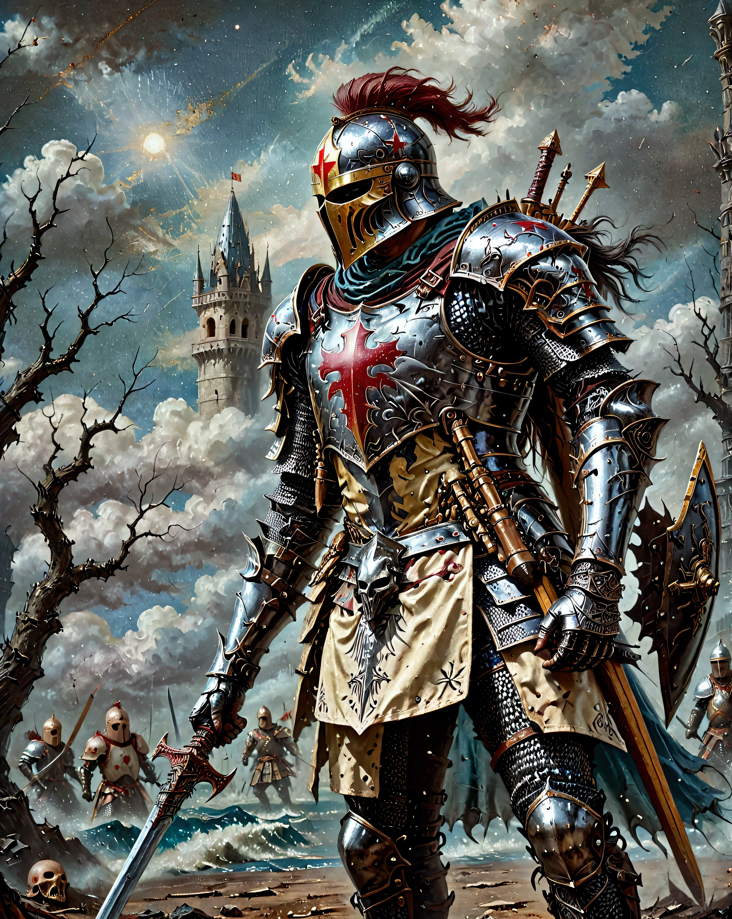 “A knight in a blood-stained harness, wearing an iron helmet with a hermetically sealed shield, stands on a fierce battlefield, with a sword in his hand that looks to have just been used in a fierce battle.”