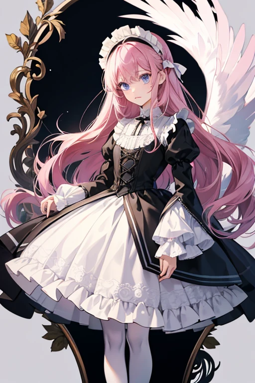 Feli is quite short compared to many of the other characters, standing at around Lidelle's height. Her hair is long and violet, styled into a straight "hime cut" and has light blue eyes. Her attire is similar to gothic lolita, a fashion subculture that derives from Victorian-style dress.
Feli wears a lolita dress again, now with a more complex design. The dress is black and white, her stockings are now white, and her shoes are now ribboned mary-janes. The red string ribbon, while still present, is now part of her headdress. She also has an alternate character known as Angelic Feli, whom wears a pink and white dress with large angel wings. SPARKLE; GLITTER