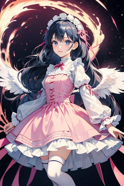 Feli is quite short compared to many of the other characters, standing at around Lidelle's height. Her hair is long and violet, styled into a straight "hime cut" and has light blue eyes. Her attire is similar to gothic lolita, a fashion subculture that derives from Victorian-style dress.
Feli wears a lolita dress again, now with a more complex design. The dress is black and white, her stockings are now white, and her shoes are now ribboned mary-janes. The red string ribbon, while still present, is now part of her headdress. She also has an alternate character known as Angelic Feli, whom wears a pink and white dress with large angel wings. SPARKLE; GLITTER