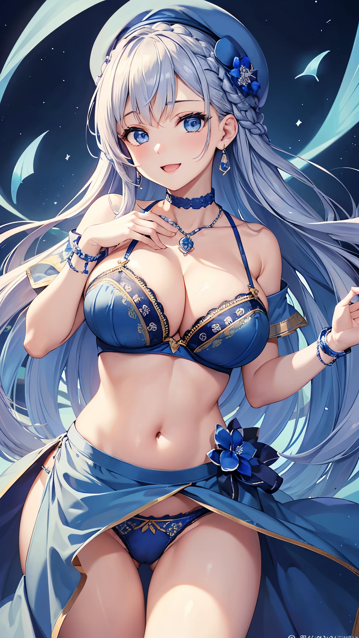 Highest quality、Highest quality、masterpiece、(8k resolution),beauty(Age 25)、(Mature Appearance)、Long Hair(Braiding of sides)、blue eyes、(Intricately embroidered underwear、bra)、Big cleavage、((Super big breasts))、smile、blue necklace、Blue Earrings、background(flower)、Please open your mouth wide、Dynamic pose、Blue choker、beret