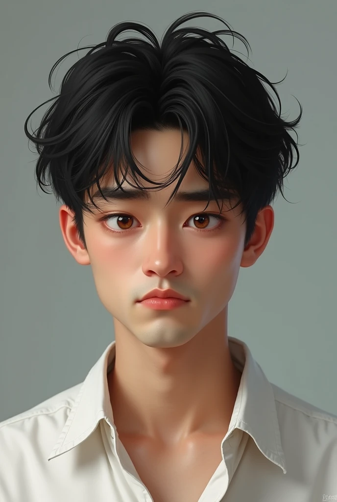 Realistic charming Tired and irritated 1 man, tired hazel eyes and long lashes, messy black hair, white buttoned up shirt, 