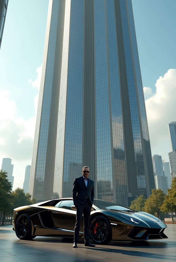 Create a tower called Memo Gallardo GmbH The building should look like it weighs billions And in front of the building stands the company boss with a luxurious sports car