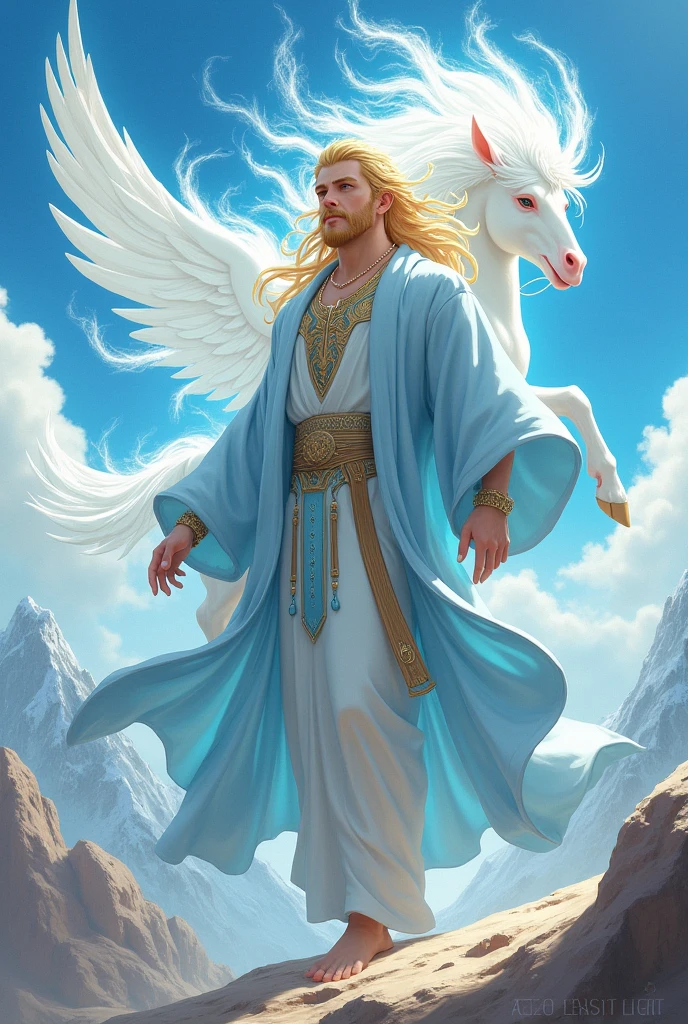 Anime, Blond, young, baylonian tressé beard, enlil, god of the air, vétu de vêtement amples bleur très clair. Winged pegasus composed of air behind him, mountains in the background. Des tourbillons d'air magiques ciculent autour de lui. Vent violent. Air malicieux.