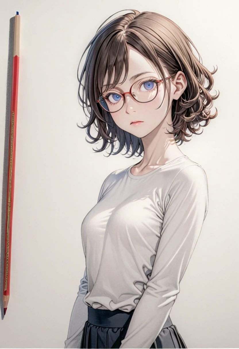 1 female, 30-year-old, alone, thin, slender, small breasts!!!, short hair, curly hair, thin, slender, (((glasses))), long sleeve T-shirt, Skinny skirt, Are standing, art, Colored pencil drawing, draft, White background, portrait