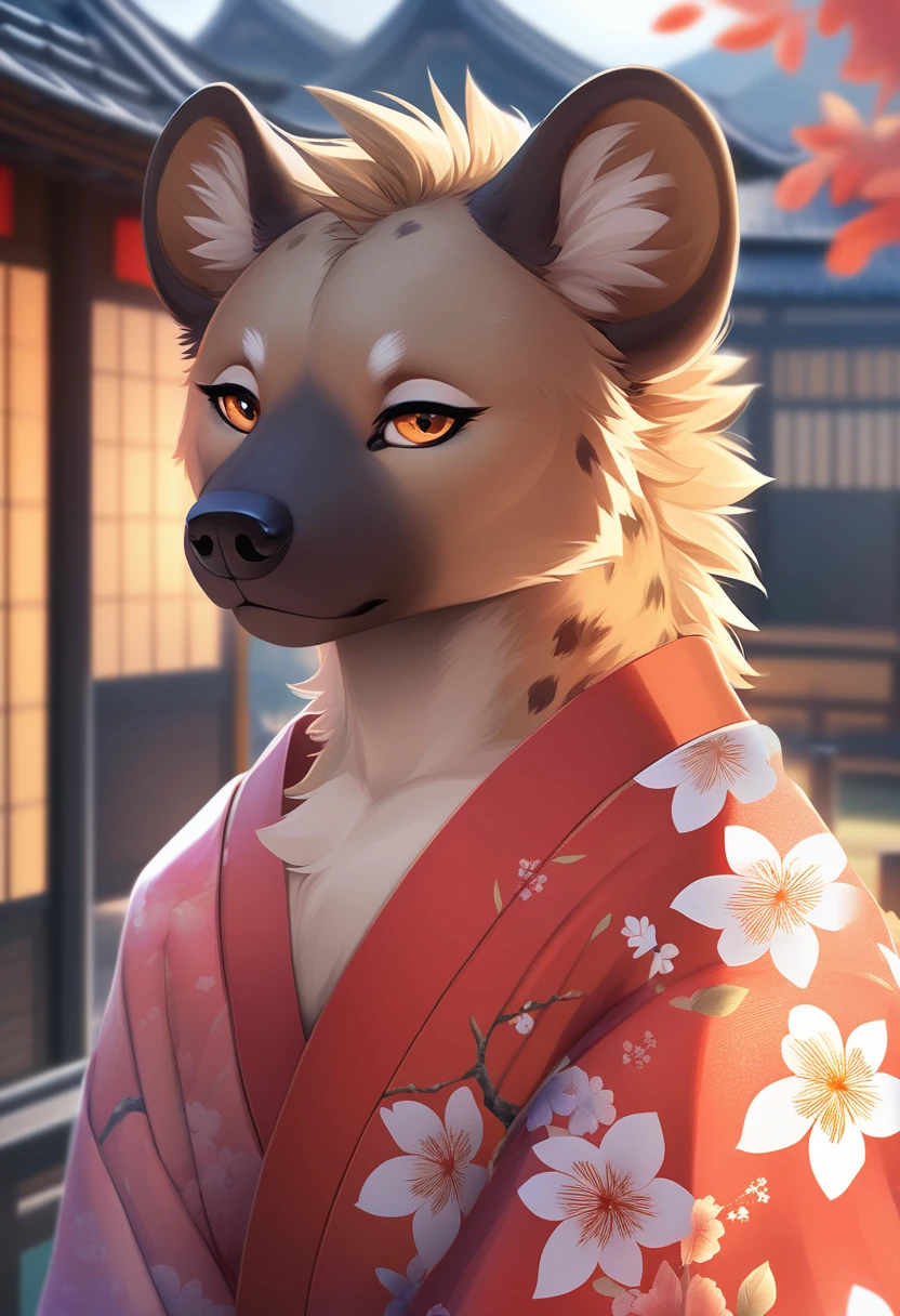 Masterpiece, Highest quality, Highest quality, Ultra high resolution, Detailed background(Very beautiful face and eyes), perfect anatomy(, Kimono, focus only),naked,(, hyena facial features, physical characteristics of a hyena,hyena'tongue),forest,Furry hyena,detailed fur rendering,slightly side view,(ยื่นtongueออกมา 1.5)