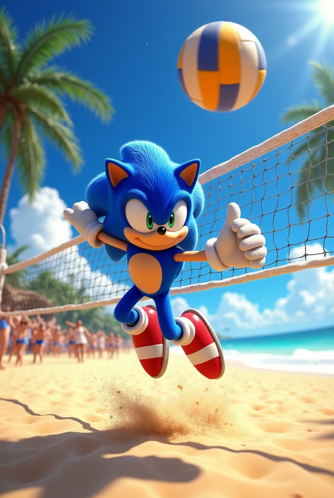 Sonic playing volleyball on the beach in an exciting match full of details