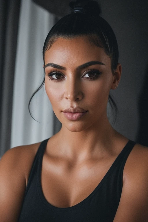 KimLoRA1, (8k, RAW photo, highest quality), beautiful girl, full body, casual at home, black tank top, (detailed eyes:0.8), (looking at the camera:1.4), (highest quality), (best shadow), intricate details, interior, dark studio, muted colors, photo of kim kardashian