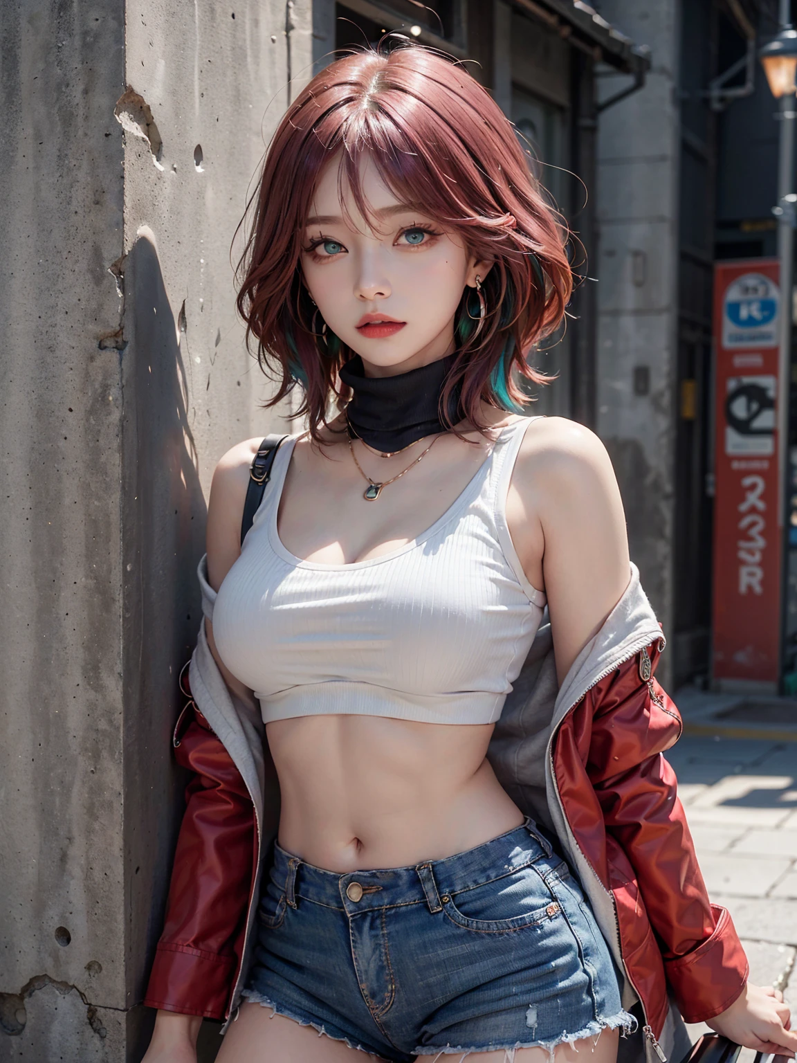 (masterpiece, best quality, 1 girl, solo, intricate details, chromatic aberration), expert shading, cinematic lights, film grains, realistic, (detailed iris, sparkle eyes, star in eyes, enchanting green eyes, (multicolored eyes), (bright red hair:1.3), (floating hair:1.3), (hair between eyes), (hair over one eye:1.3), (floating hair:1.3)), long hair, red hair, red decoration on the head, pink highlights, amber eyes, slim fit, slim body, korean model, korean beauty, shy, blushes, large breasts, perfect breasts, round breasts, earrings, sharp eyes, necklace, neon shirt, ripped shorts, croptop, exposed midriff, muscles, muscular abs, six packs abs, tank top, sport bra, unbuttoned jacket, turtleneck, night, against the wall, brick wall, graffiti, dim lighting, alley, look at the viewer