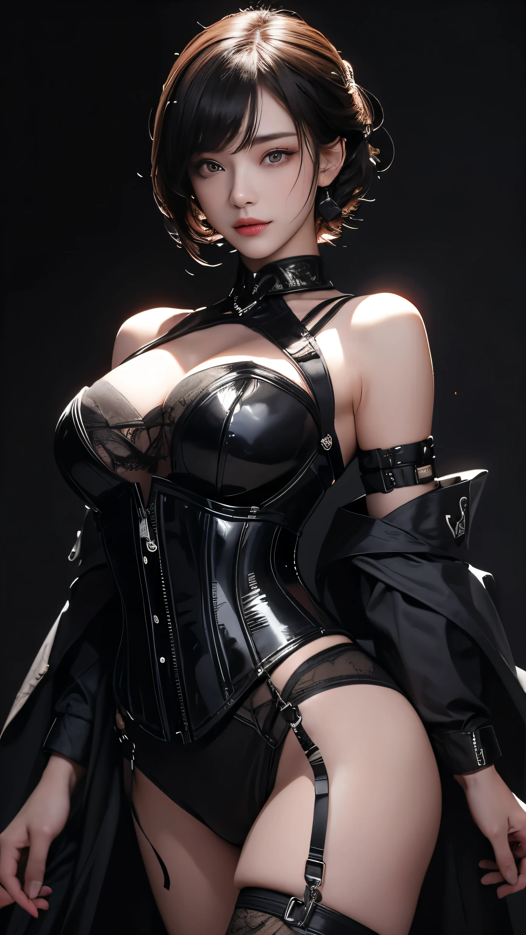 masterpiece, Highest quality, Very detailed, To the camera, Very detailed, Realistic, Sharp features, Very detailed, Sharp focus, Perfect Face, Perfect Face, Perfect symmetry and perfect eyes, Perfect Plump Lips, Flexible female form, cinematic, Film Light, Very detailedな, hyper Realistic, masterpiece, Atmospheric, High resolution, Vibrant, Dynamic Studio Lighting, ((Dark Background)), The facial expression when feeling happy, handcuffs, BDSM, slave, Rubber, Red Corset, (赤いfirst round), ((Highest quality, 8k, masterpiece: 1.3)), Sharp focus: 1.2, Beautiful woman with perfect figure: 1.4, Slim abs: 1.2, Wet body: 1.5, Very detailed face and skin texture, Detailed eyes, double eyelid, Very short hair,((SM lady)),((m嬢)),handcuffs,first round,Red and black outfit