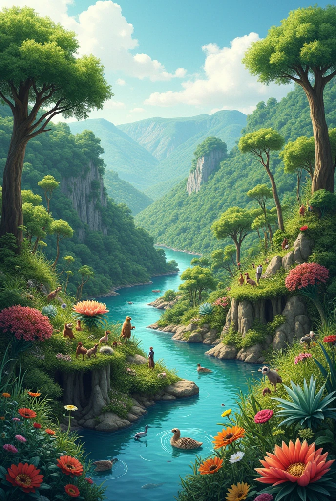 Crea una imagen de un ecosistema donde represente gráficamente the concepts vistos en clase * the concepts* -population -community -ecology -ecosystem -ecological niche I want to draw it


