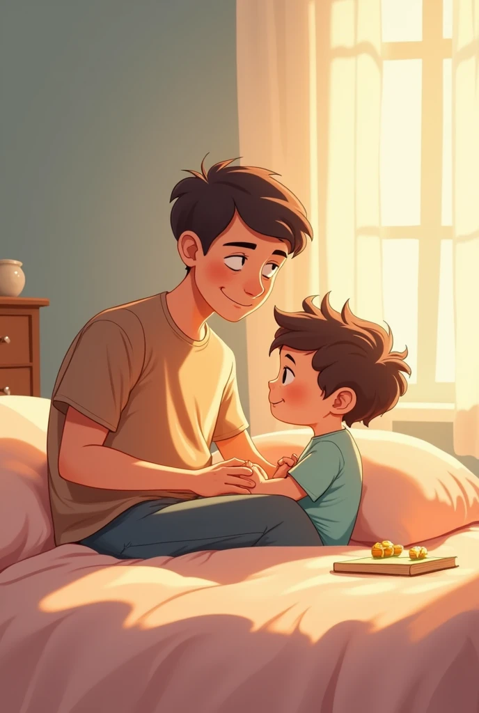 Kid sit at the bed and dad sit beside the bed cartoon