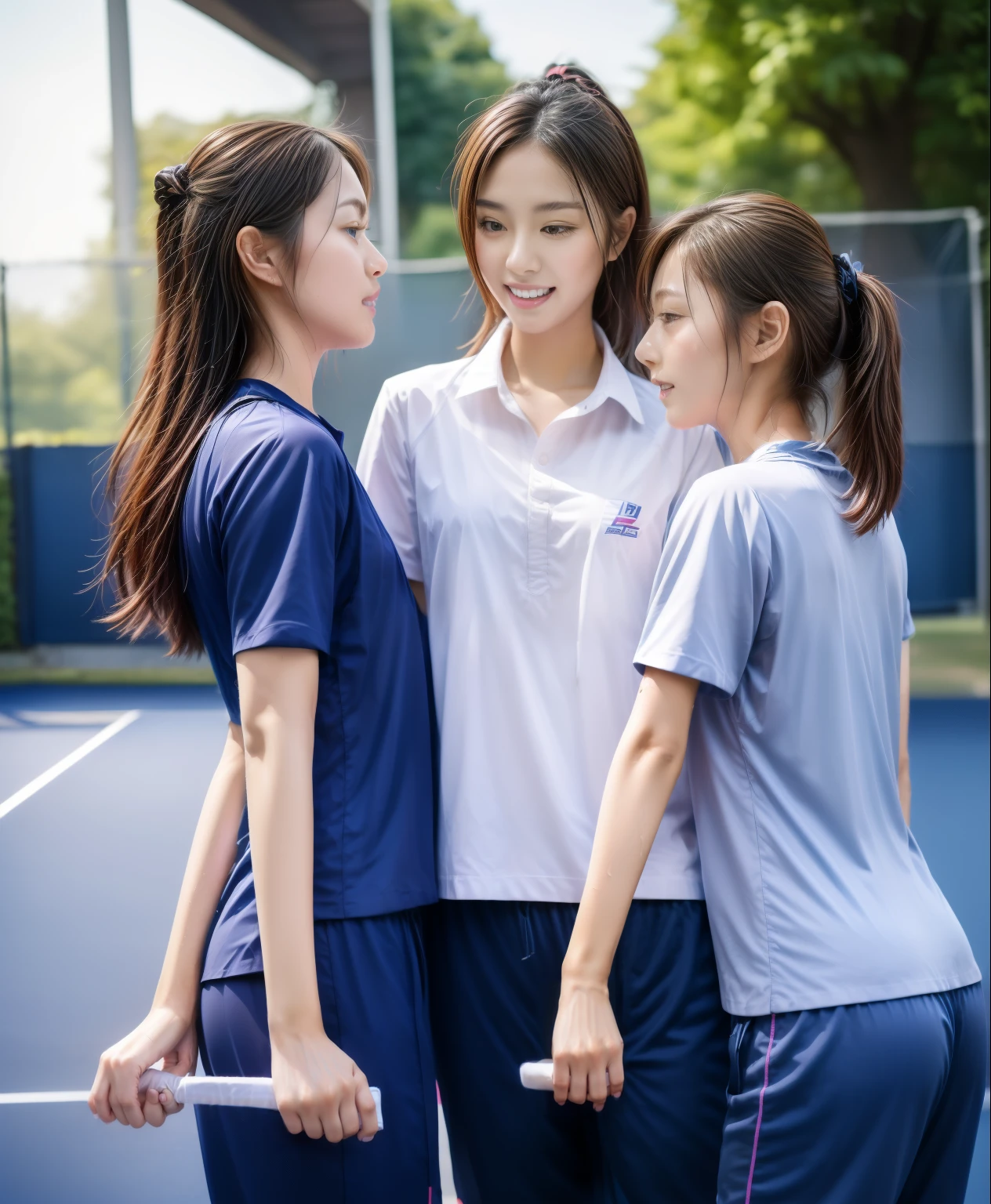 3 girls play tennis at tennis courts, Navy blue short-sleeved shirt,Navy Long Trackpant,Sweatpants, Sweatpantsขายาว,2 girl, lesbian, sexy, exercise clothes, wet body, exercise clothes