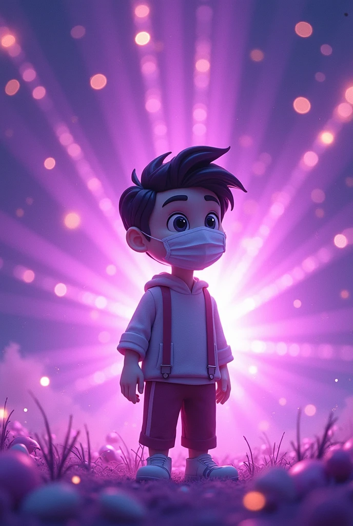 PURPLE BACKGROUND WITH RAYS, CARTOON CHARACTER MAN WITH DARK BROWN HAIR, DARK BROWN EYES WITH WHITE SKIN COLOR, WITH A MASK ON YOUR MOUTH


