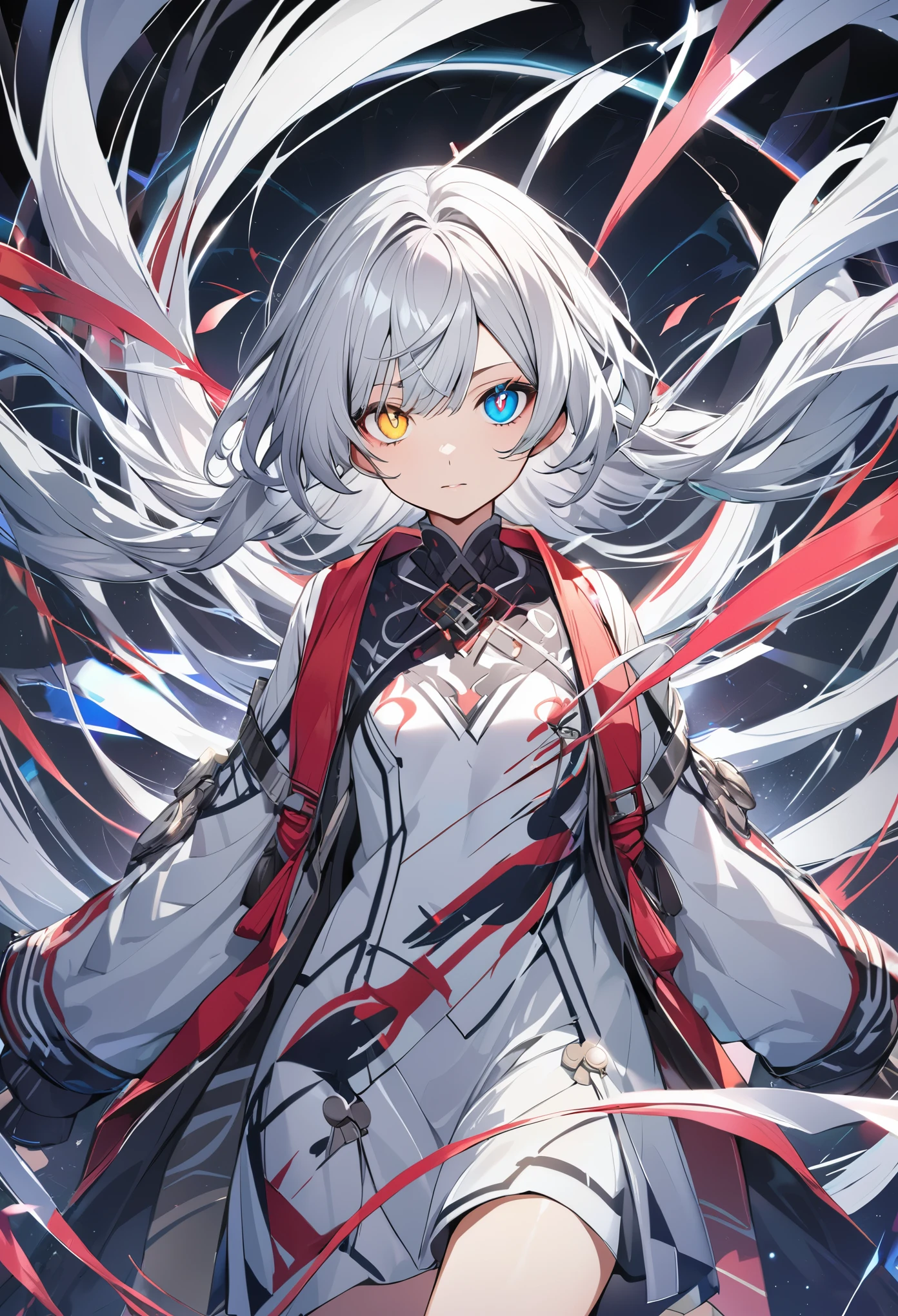 Clothing with double whirlwind pattern design，Heterochromatic pupil，Silver Haired Girl，High definition wallpaper
