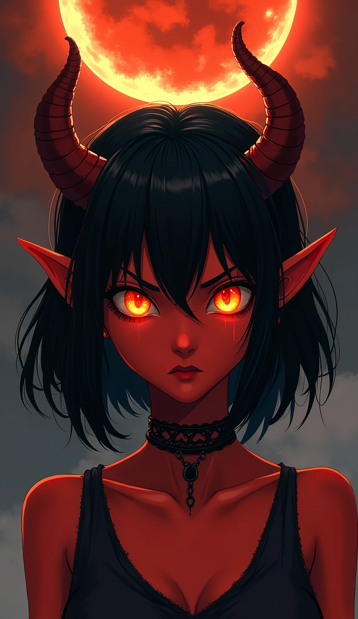 devil girl, short body, black hair, orange eyes, eyes glowing, red skin, horns, one horn broken, choker, serious face, semi-realistic style, outliner, hell background, dark sky background, moon light, face close up