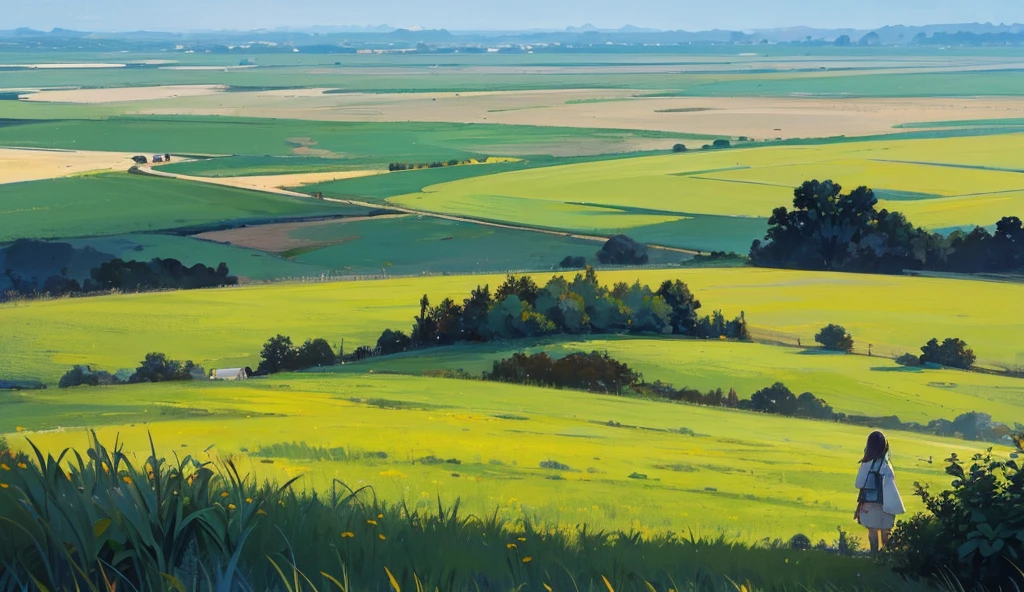 The grassland stretches as far as the eye can see. , On both sides are wooden fences. , There are many big and small trees along the roadside. , Far away, there are not many houses, and there are only a few cows eating grass.