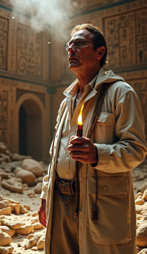 Close-up shot, Low angle shot, (Inside the tomb, the atmosphere is eerie and filled with mystery. The walls are covered in intricate hieroglyphics glowing faintly in the dim light of a flickering oil lamp held by Carter. In the center, an ornate golden coffin, encrusted with jewels, lies surrounded by piles of glittering treasures—golden statues, ancient pottery, and intricate jewelry. Dust particles float in the air, illuminated by the lamp, giving the scene an ancient, untouched feel. Carter’s face is a mix of awe and reverence.) unreal engine, 35mm lens, cinematic, highly detailed, hyper-realistic, ultra-realistic HD --q 2 --v 6.1 --ar 9:16