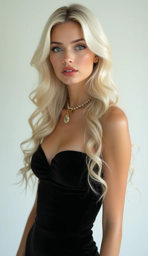 1 woman, full body shot (1.3),close up face shot (1.3), face shot, corridor,Soft Light, Russian Beauty,Tight Fit,dress,Light-haired,long hair,
white background, gorgeous Italian-Russian woman, doll face, with thick and long wavy platinum blonde hair, big and large slender cat shaped emerald green bright eyes, long and thick curly black eyelashes, button upturned nose, high nose bridge, fullest and plumpest with a pout at the top rosy red luscious lips, oval and heart face shape mix, high cheekbones, shorter fave, shorter chin, defined jawline, tiny face size, pale milky white traslucent perfect skin, whitening skin, hourglass shaped body, tiny and narrow waist, rounded hips, long and slender beautiful legs, big perfect brests (1.4), large breasts, bust size 84 cm, waist 57 cm, hips 86 cm, bra size 34 D, tall at 5’8, ((perfect body proportions)), full body image, realistic, photorealistic, ultradetailed, skin texture, hyperealismHigh Resolution, Closed Mouth, highly detailed, high resolution 8K, wearing a tight fit black dress highliting her horglass body, detailed jewlry, 23-years-old