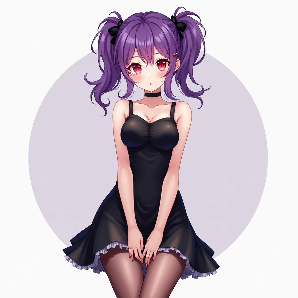 a one woman, purple double ponytail hair, Eyes red, breasts small, outfit being a simple black lolita dress, transparent pantyhose,best qualityer, anatomically correcte, アニメ