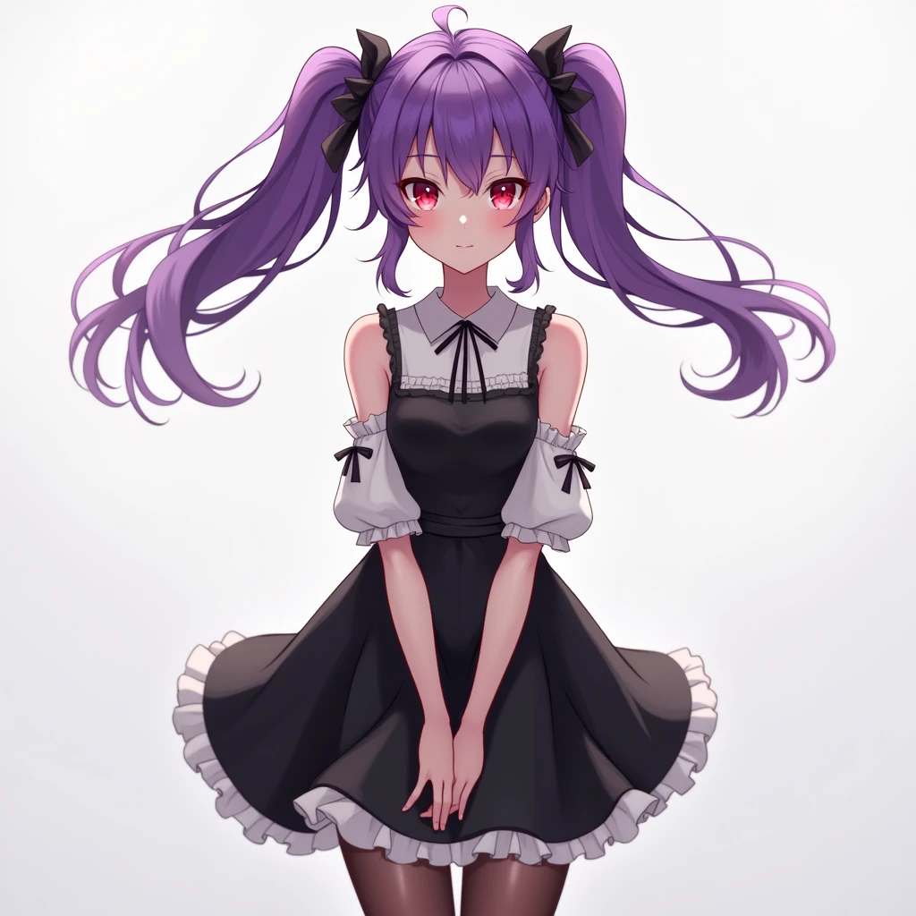 a one woman, purple double ponytail hair, Eyes red, breasts small, outfit being a simple black lolita dress, transparent pantyhose,best qualityer, anatomically correcte, アニメ