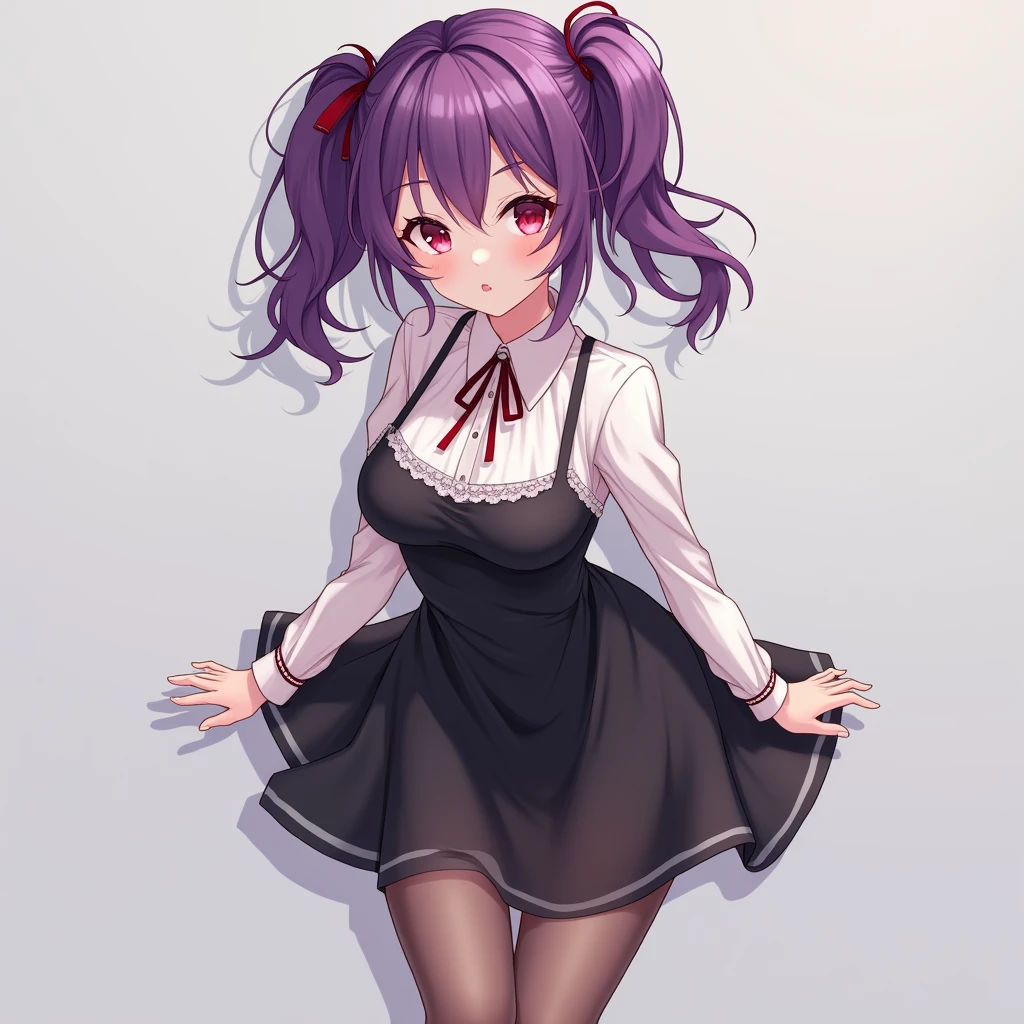 a one woman, purple double ponytail hair, Eyes red, breasts small, outfit being a simple black ta dress, transparent pantyhose,best qualityer, anatomically correcte, アニメ