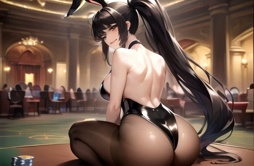 (((masterpiece,best quality,absurdres,8K,perfect body))) , ((solo,black hair,longhair, high ponytail,black eye)),((from behind,latex strapless leotard, pantyhose, looking at viewer, curvy body, wariza ,ass , wedgie)),((sitting on knees , smile)),((casino:1.6,rabbit ear))