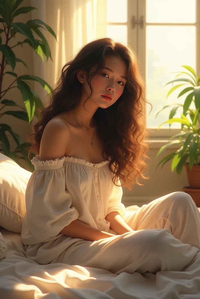 Jung wooyoung, sitting on bed, wearing loose off-shoulder top, pajama pants, long curly hair, indoors, soft lighting, plants in background, window with sunlight, cozy room, relaxed pose, realistic, intricate details, warm colors, by Greg Rutkowski, by Alphonse Mucha