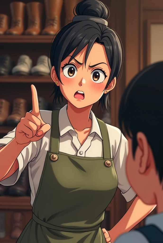 shoemaker Korean Female store clerk To make a sarcastic remark Frowning Angry at the boy Pointing at someone and getting angry