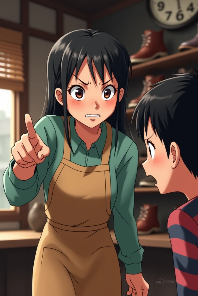 shoemaker　Korean　Female store clerk　To make a sarcastic remark　Frowning　Angry at the boy　Pointing at someone and getting angry