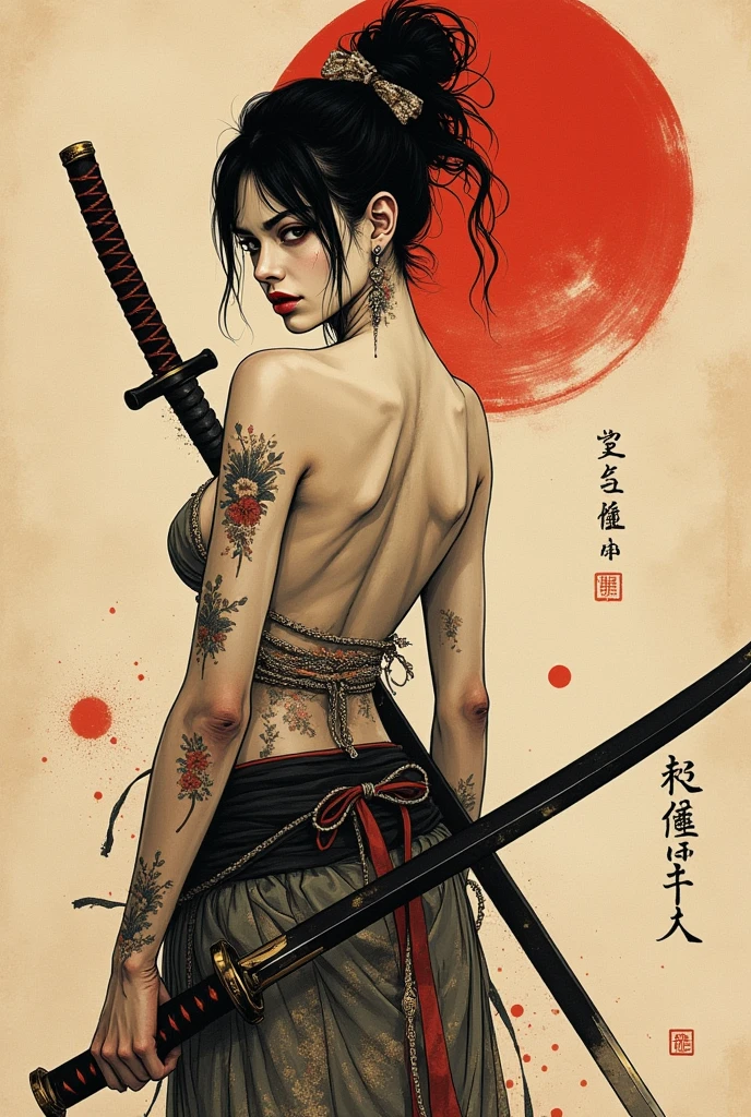 (Masterpiece, Best Quality), 8k Wallpaper, highly detailed, sexy female ronin, samurai, cherry blossom flowers border, japanese tattoos,  katana, japan, night, moonlight, vector style art, erotic, movie poster style, lettering.