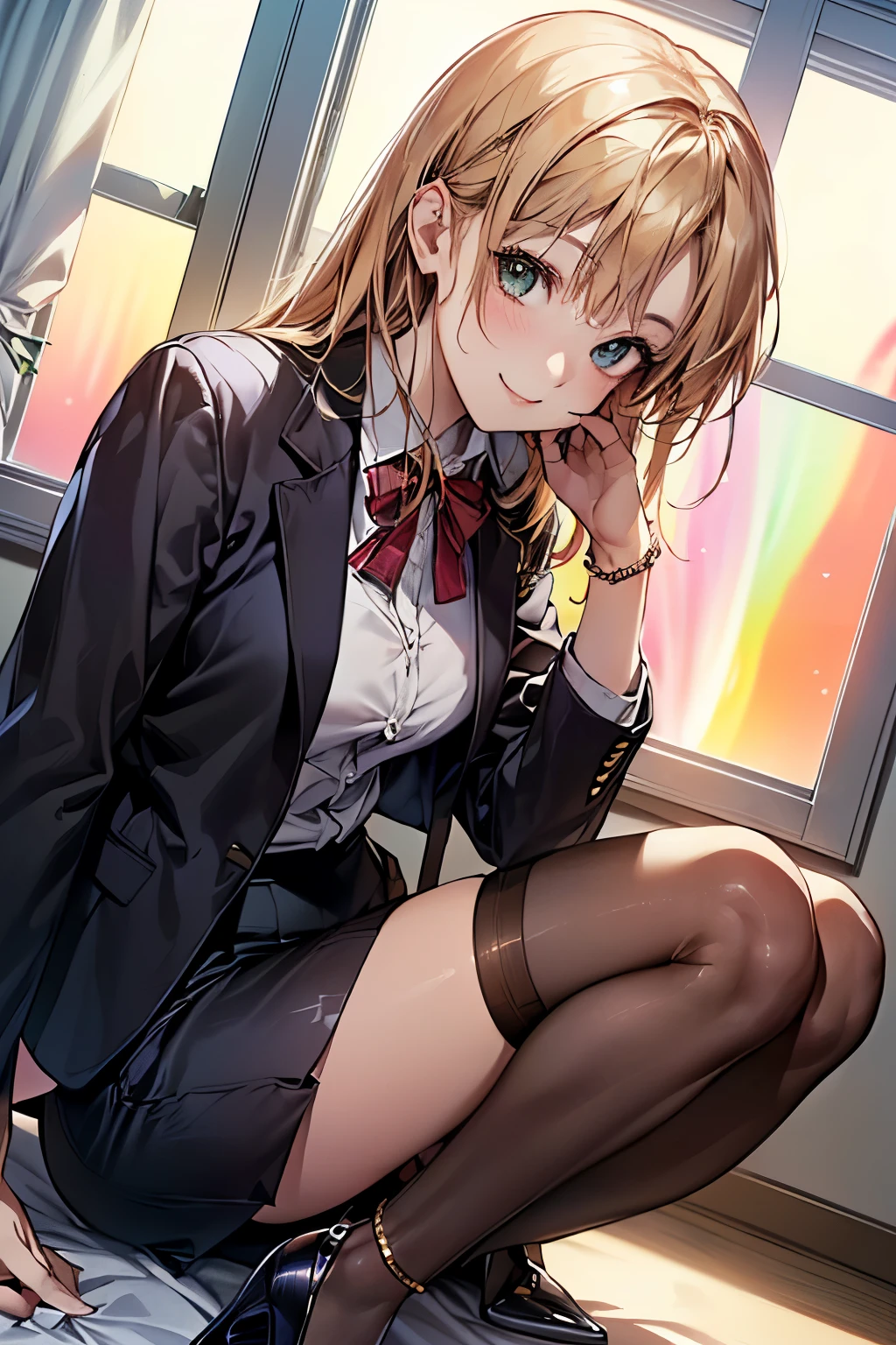 ((Biologically correct limb count))、(( Full body, including face))、4K、masterpiece、((Focus on the face))、((Symmetric, Well-proportioned facial features))、Delicate descriptive eyes、(((1 person)))、Beautiful woman、Blonde、Bronze Hair、Excellent style、Slender body、(High heels with anklets)、(((Black jacket、blazer、shirt、Check skirt、stockings))、(((In the background is a photo of the amazing aurora borealis seen from the window.)))、(shy、smile)、Upper body close-up、(Look at me sideways)、High Angle、night、Beautiful boss、Lewd and seductive expression,