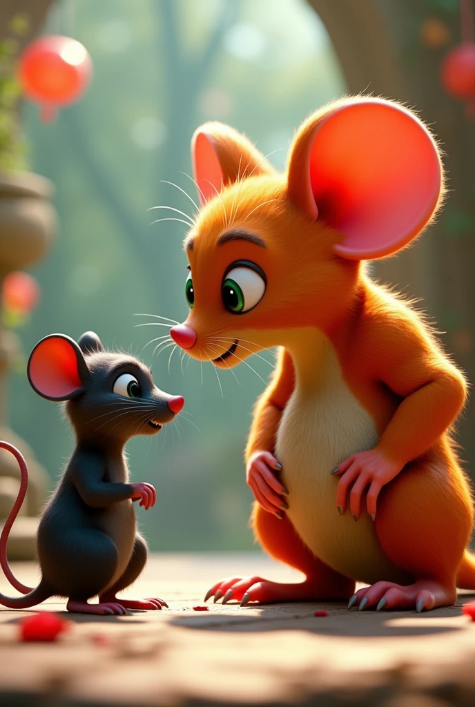 A large muscular orange mouse, very tall and muscular-abdominal talking to a short muscular black rat, He has green eyes, disney pixar style 3d.