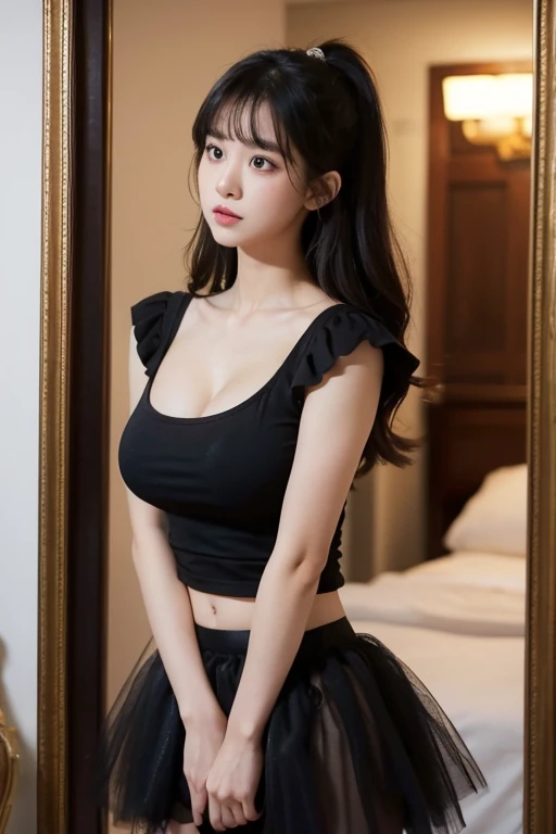 A girl really embarrassed looking at a mirror wearing a tutu and black shirt. She has large breasts