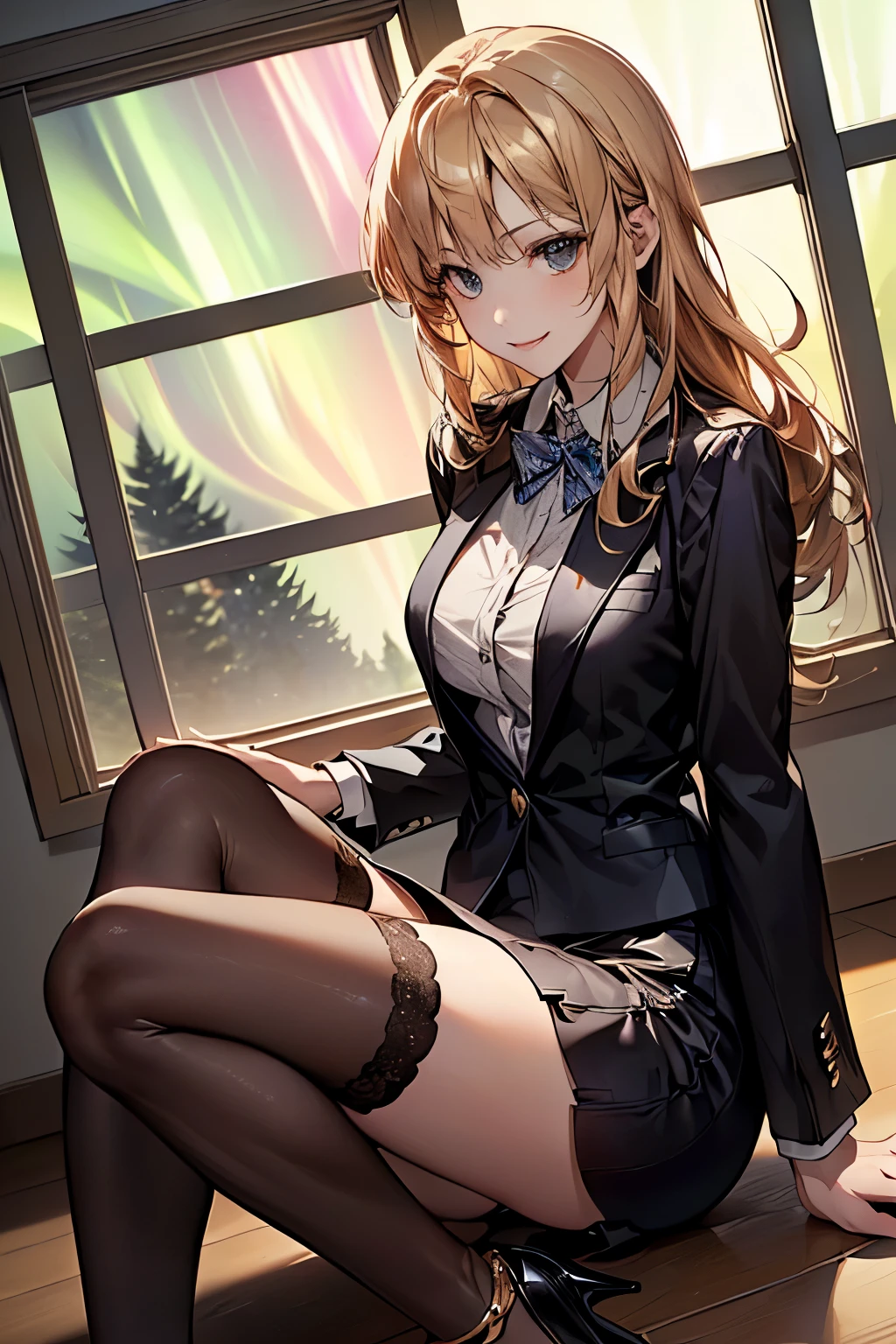 highest quality, masterpiece, High resolution, (Head to Toe full body), front, frontやや下からの構図, Symmetric, 18 year old tall girl, alone, (Head to Toe), (Small breasts), Unkempt brown hair, bangs, (black tights), (Black Pantyhose), (Sit with your legs apart), (Crouching pose), (Composition depicting white panties), (Her legs were spread、I see your white pants.), (I was made to sit on the floor with my legs spread...), (M-shaped feet), Thin legs, A very beautiful and tall 18 year old girl, (No shoes), blush, Shy big eyes, Looking at the camera, Blazer uniform, Checkered Pleated Skirt