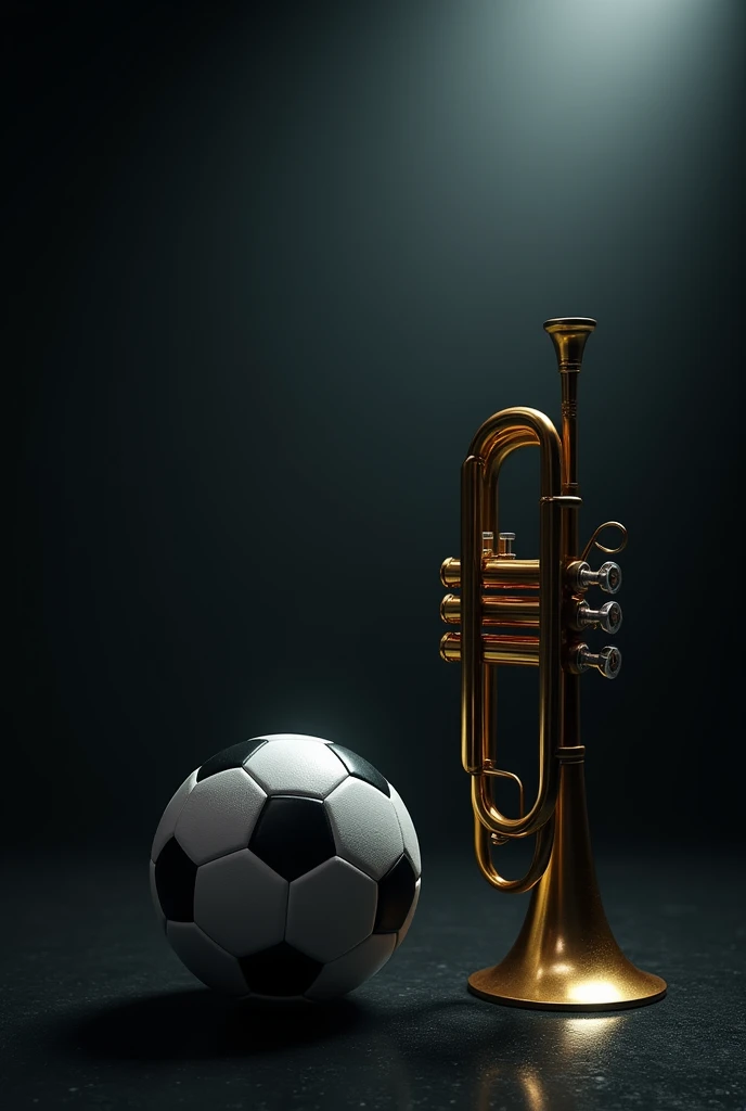 trumpet, soccer ball, dark background