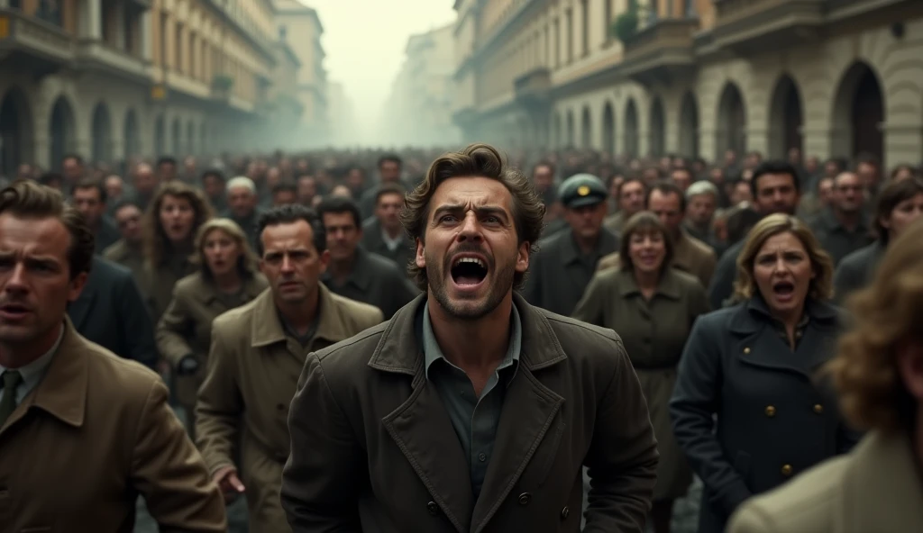 A terrified crowd of people fleeing through the streets of Rome during World War 2, 1940s, close-up shot, highly detailed, cinematic, dramatic lighting, gritty, realistic, photorealistic, hyper-detailed, (best quality,8k,highres,masterpiece:1.2),ultra-detailed,(realistic,photorealistic,photo-realistic:1.37),cinematic lighting, dramatic shadows, intense facial expressions, crowd panic, wartime chaos, rubble and destruction in the background, muted color palette, desaturated tones