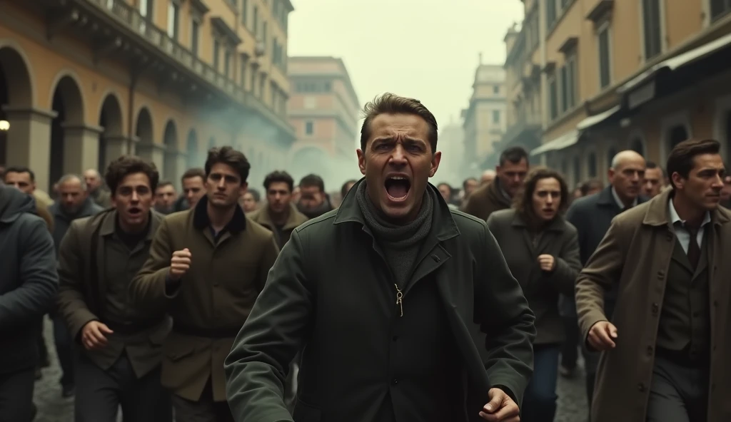 A terrified crowd of people fleeing through the streets of Rome during World War 2, 1940s, close-up shot, highly detailed, cinematic, dramatic lighting, gritty, realistic, photorealistic, hyper-detailed, (best quality,8k,highres,masterpiece:1.2),ultra-detailed,(realistic,photorealistic,photo-realistic:1.37),cinematic lighting, dramatic shadows, intense facial expressions, crowd panic, wartime chaos, rubble and destruction in the background, muted color palette, desaturated tones