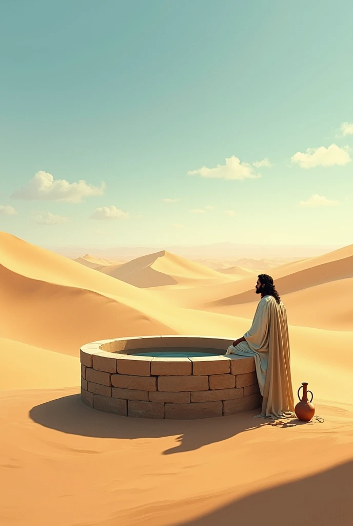 A vast, golden desert with rolling sand dunes and a clear blue sky.
In the middle of the desert, there is an old stone well with a wooden beam.
A clay pitcher (cántaro) is on the ground by the well.
Sitting by the well with his legs out of the well is a figure representing Jesus, dressed in simple, flowing robes,
with a peaceful and contemplative expression. He is seated on the edge of the well, his hands gently resting on his lap.
The scene is calm and serene, with shadows cast by the well and the figure, adding depth to the composition.