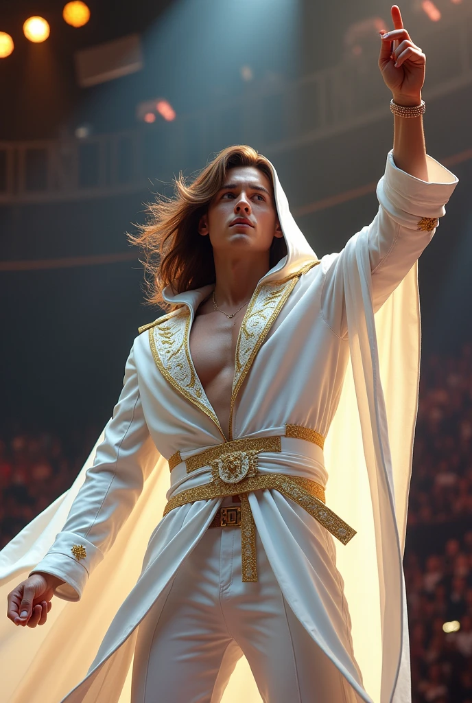 artwork best quality handsome american male teenager long brown hair light skin with white cape and hooded coat on head with gold details white long sleeve shirt and white pants underneath intricate details singing holding a microphone seen from afar pointing upwards at a concert with details uhq 8k