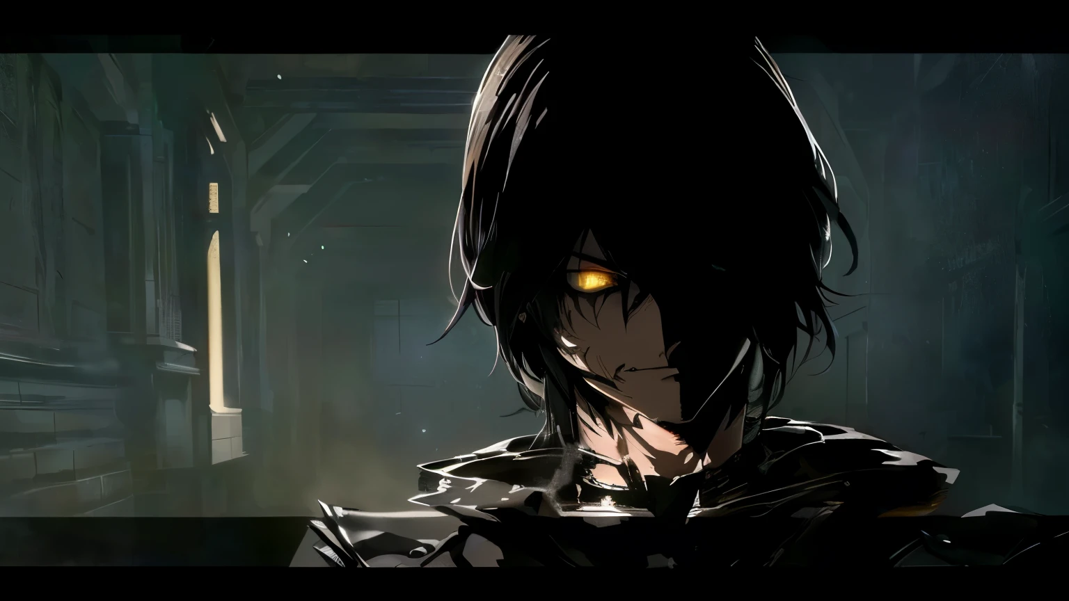 a close up of a person with a very dark hair, with glowing yellow eyes, dark but detailed digital art, l · lawliet, metal and glowing eyes, fantastic lighting and shading, eren yeager, inspired by Yamagata Hiro, eren jaeger, death note style, he's very menacing and evil, sebastian michaelis, game cg