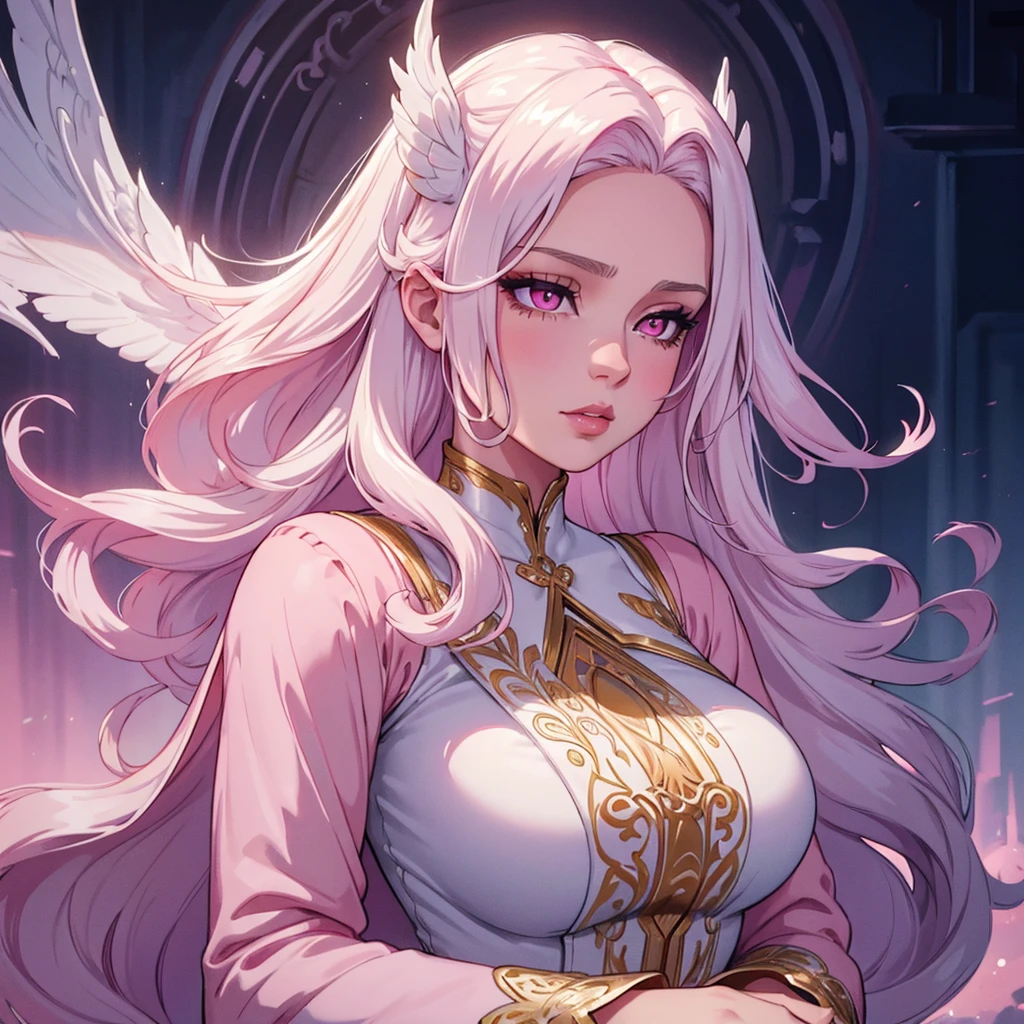1 beautiful woman with long wavy white hair, pink eyes, glossy lips, detailed face, intricate hairstyle, elegant expression, delicate features, ethereal beauty, serene atmosphere, soft lighting, pastel colors, cinematic composition, high quality digital art, elegant dress, elegant fantasy portrait