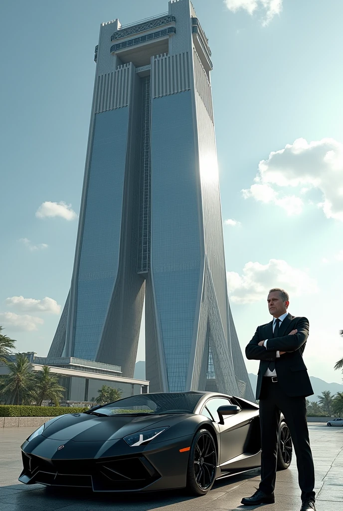 Create a tower with the name Memo Gallardo GmbH on it The building should look billions heavy And in front of the building stands the company boss with a luxurious sports car 