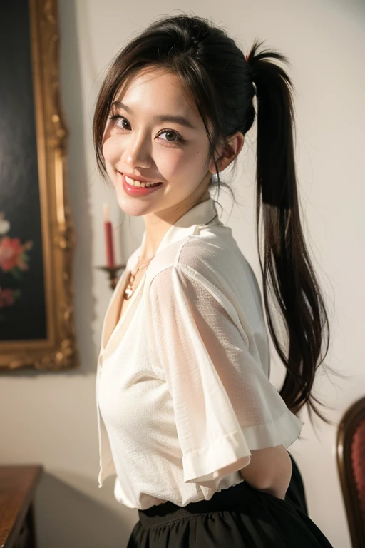 ((Highest quality)), ((masterpiece)), (detailed), One girl, 1 beautiful woman,mini skirt,posing,tall,cute face,large eye bags,seductive smile,twin tail,from side,moon,castle,necklace,masterpiece,japanese