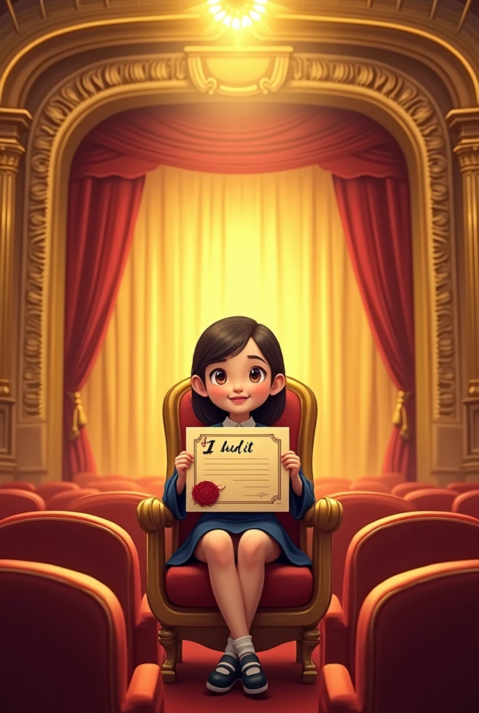 A golden theater with a golden wooden chair on which a girl sits, crossing her legs, wearing a graduation uniform and holding a certificate with the words “I did it” written on it in both hands. The design is a cartoon drawing, a logo design with high details, quality and realism.