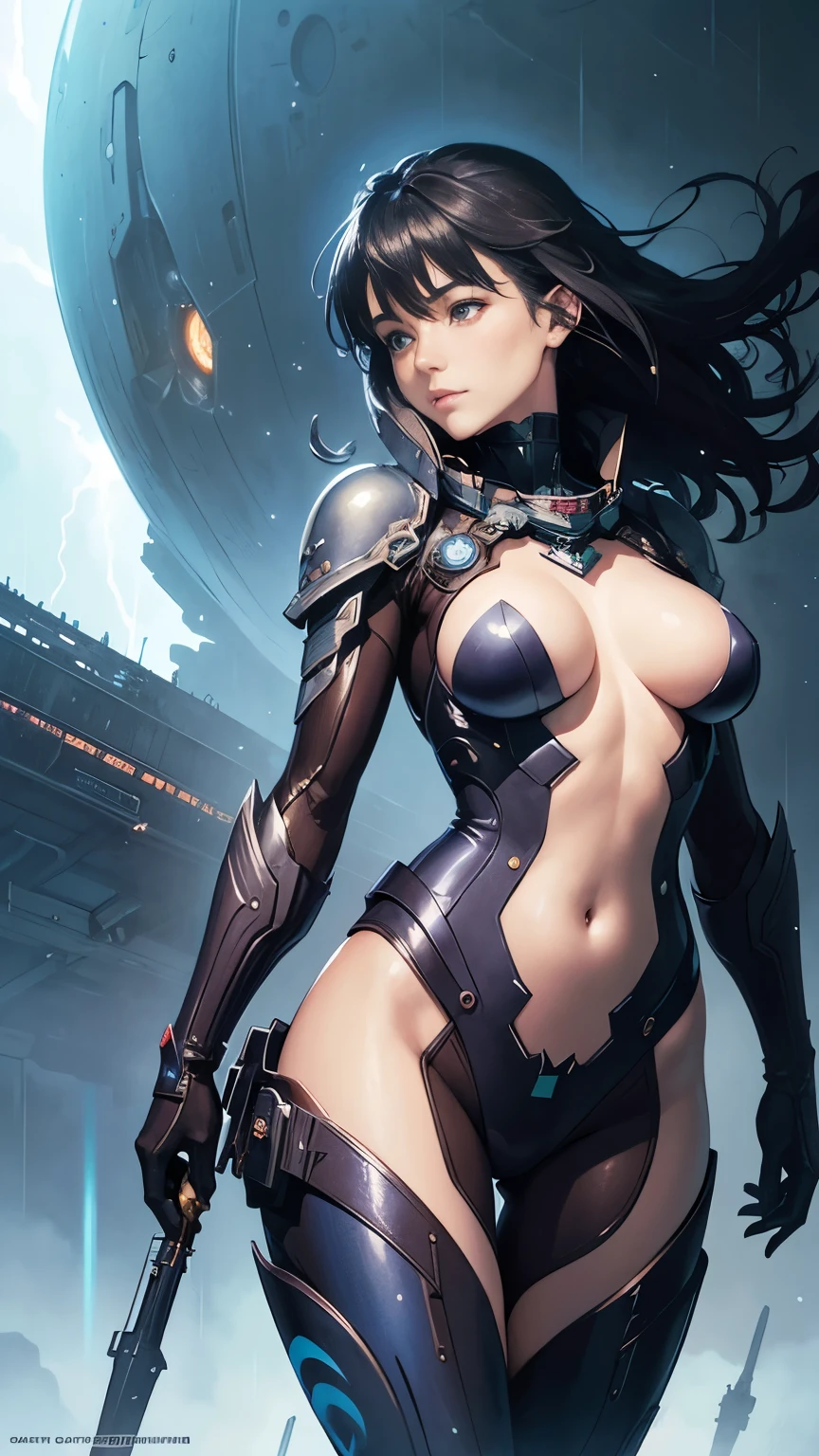 Arthur Rackham, Hajime Sorayama, Katsuya Terada, John Harris, Peter Andrew Jones, Surrealism, mysterious, strange, bizarre, fantasy, Sci-fi, Japanese anime, ocean flowing into space, rain of light, space colony, beautiful girl in a space suit, perfect voluminous body, detailed masterpiece