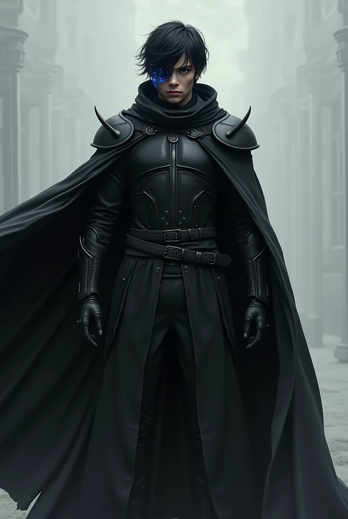 A young black-haired, stern man dressed in black armor and with a large black cloak behind him, picking up the wind in the style of science fiction on his left eye, a dark