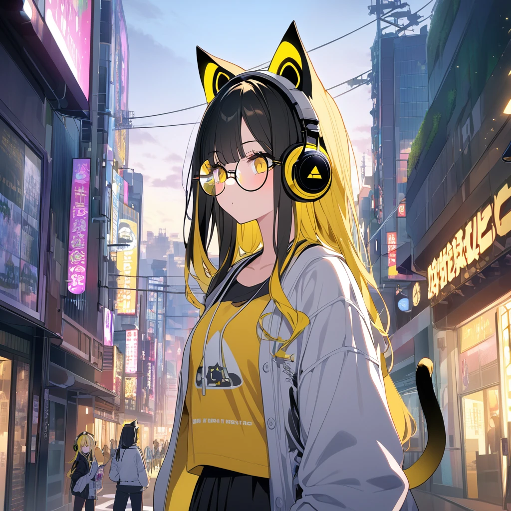 woman with headphones looking at the city of Tokyo,Streetscape、listen to music、Japanese、colorful hair, black long hair, yellow hair tail, Black and yellow highlighted hair color, Black and yellow gradient hair color, wear round glasses, A pair of cat ears on the head